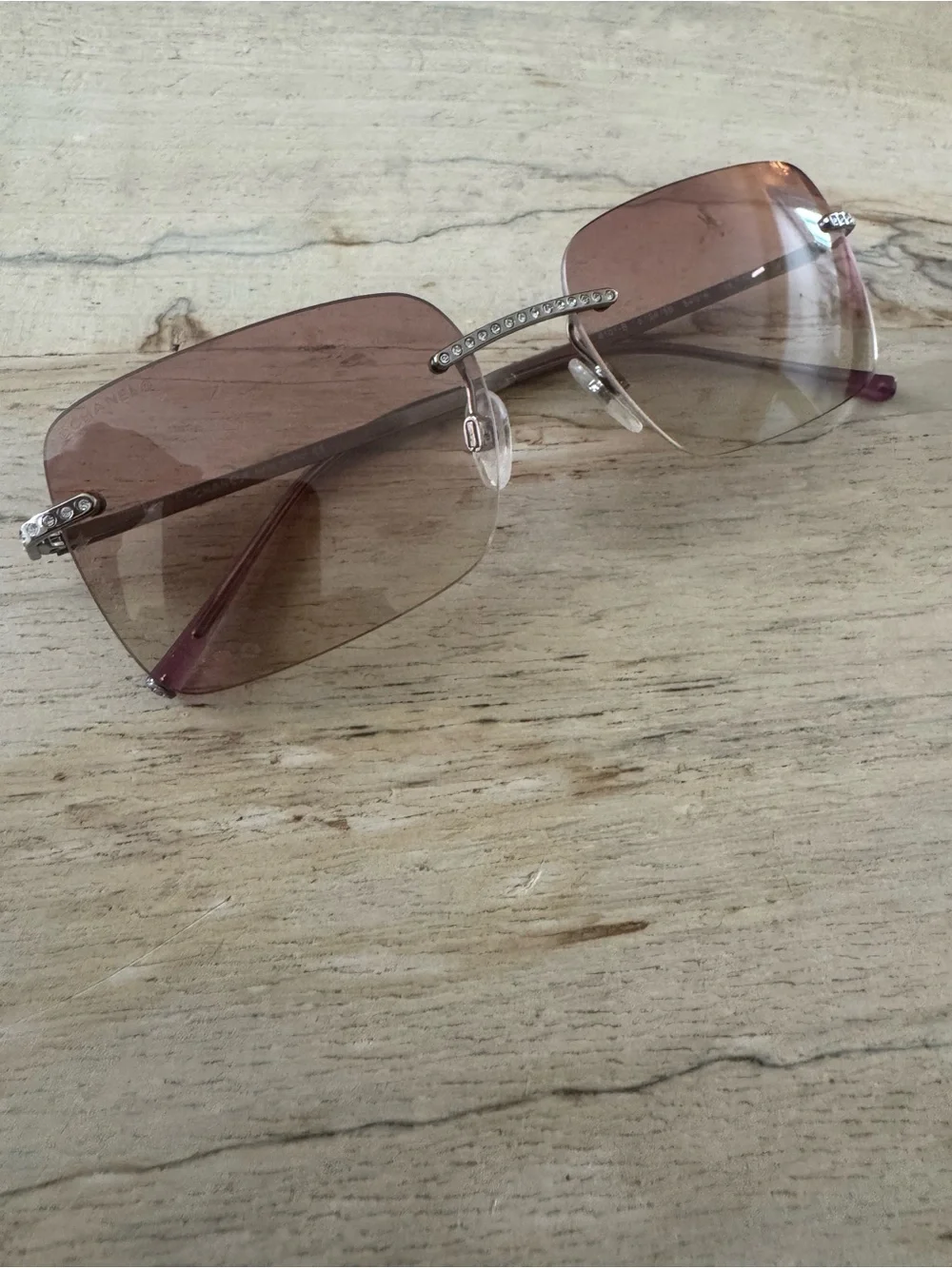 Chanel Rhinestone Accent Rimless Sunglasses - Pink Gradient Lenses